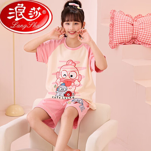 Langsha children's pajamas for women in summer short-sleeved thin cotton student girls cartoon ragbus loose set home clothes MK6623 Yugui dog powder [short set] 10 size [recommended height 110-120] All size