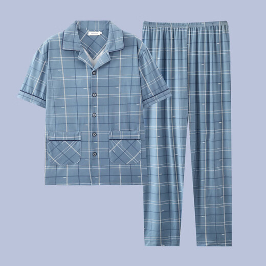 TTPMER pajamas men's summer cotton short-sleeved trousers summer cardigan thin large size student youth home wear suit G3884 blue (short-sleeved) 185 2XL recommended 140-160 Jin Jin equals 0.5 kg