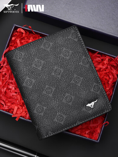 Seven Wolves Men's genuine leather wallet 2025 new short card bag men's coin wallet two-in-one printed wallet coin bag horizontal style