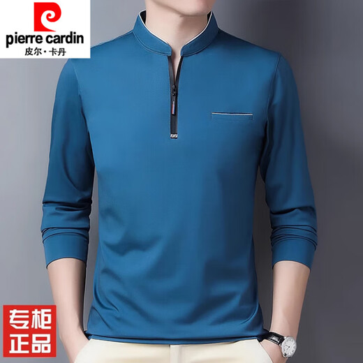 
Pier Cardin spring small stand collar men's long-sleeved T-shirt half-zipper body shirt fashionable casual middle-aged single-piece men's top P6625 top blue M 165