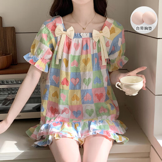 Pajama de algodón en la nube para mujeres en verano dulce estilo floral con almohadilla de pecho pantalones cortos de manga corta La ropa delgada del hogar se puede usar afuera 9902-3# 2XL