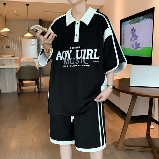 will not青少年短袖t恤男孩12-15岁初中学生半袖POLO衫13大童夏季运动套装 6629黑色套装 M 80-100斤左右