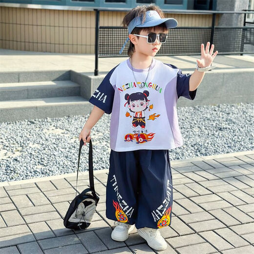 男童套装夏装2025新款中小童哪吒衣服儿童薄款两件套潮酷男孩t恤 825款-【紫色套装】 120  尺码 建议咨询客服