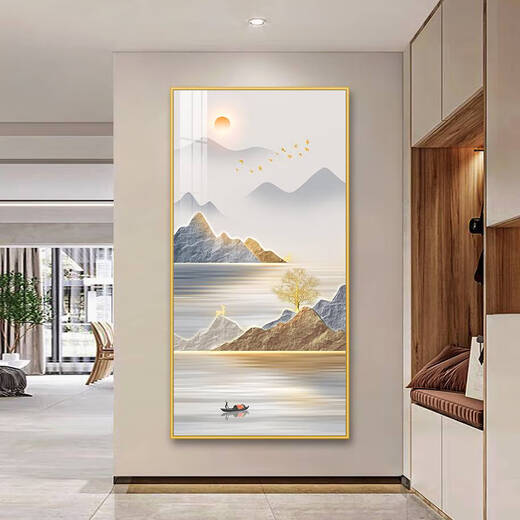 咏幻入户玄关装饰画正对门入户画玄关过道挂画客厅山水画玄关画 A677/金鹿送福 60*120cm墙面宽度70-90cm黑色铝