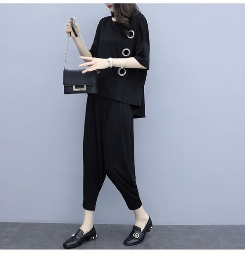 
Vienosqin Shopping Mall same large size women's fat mm harem pants suit 2025 spring and summer new style fashionable slimming and sporty rest Black 9928> M Recommended 80-100>