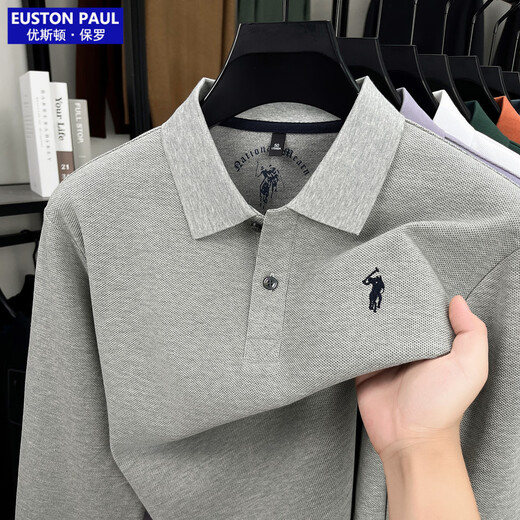 EUSTON PAUL Autumn new style 100% cotton men's long-sleeved T-shirt high-end lapel embroidery versatile POLO shirt for young and middle-aged people Black L (50) Weight 120-140Jin Jin is equal to 0.5 kg