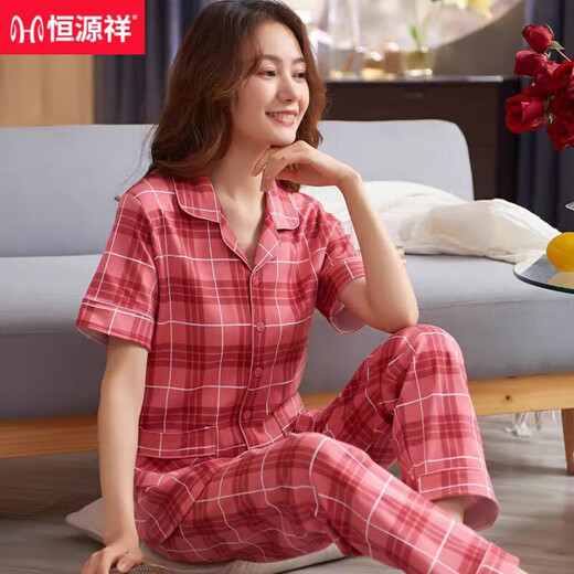 Hengyuanxiang pyjamas Summer dames coton pur pantalon à manches courtes à manches courtes du printemps et automne mères à plaid rouge de grande taille, les vêtements de maison de grande taille peuvent être portés à l'extérieur du FTX-9922 m - 80-95jin recommandés [Jin est égal à 0,5 kg]