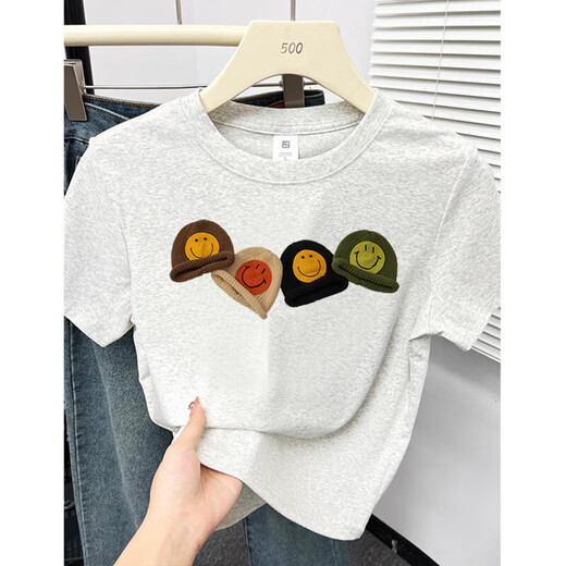 American fashion brand front shoulder short-sleeved T-shirt for women's pure cotton 2025 new summer loose slim design half-sleeved top white gray 2XL (115-135Jin[Jin equals 0.5 kg])