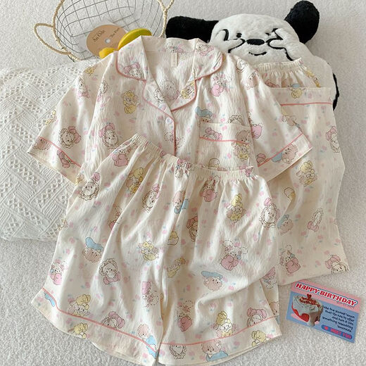UKUHPK Summer Pyjamas Frauen Wolken Baumwolle 120g Lapel Cardigan Kurzarm Shorts Hosen dreiköpfige Set niedliche Heimkleidung 9901# Pink Border Mike M.