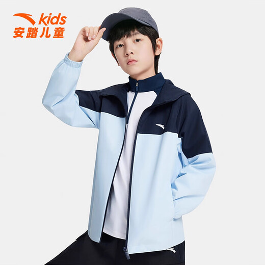 ANTA Jacket Boys 2025 Autumn New Hooded Sports Top Stand Collar Windproof and Water-Repellent Warm Jacket 7601-5 Late Night Blue/Sky Blue 150