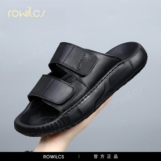 rowilcs品牌夏季拖鞋男休闲一字拖男士沙滩鞋户外百搭凉鞋黑色牛皮凉拖男 黑色【FBL0331】 38