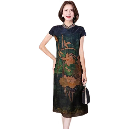 Fan Hao's summer modified cheongsam fragrant cloud sa dress for women's short-sleeved silk over-knee long skirt with large size fat mm slim color 9761 M 95-105Jin [Jin equals 0.5 kg]