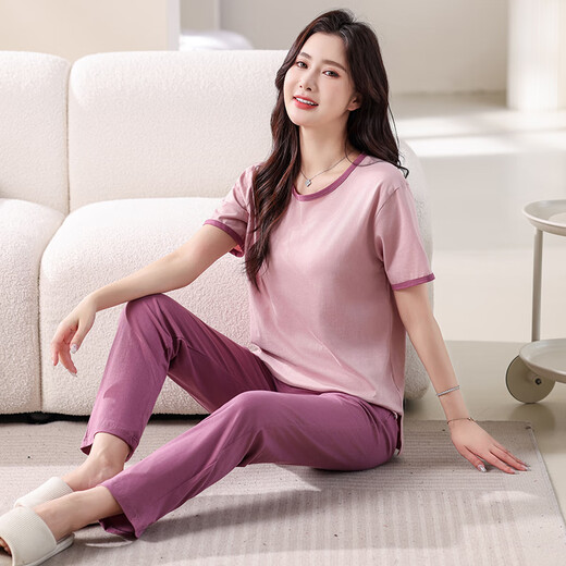 Langsha-Sommerpyjama für Frauen, Streifen-Kurzarmhosen, dünne Sommer-Kleidung von Xinjiang-Baumwollkleidung kann draußen in 2025 neuem Stil 7374 Bohnenpaste Pulver M [80-100jin [Jin gleich 0,5 kg]] getragen werden.