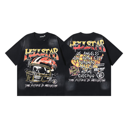 
WALKING BEAUTY Cross-border Wholesale Beauty Trend Hell Hell Star T-Shirt Print Pure Cotton Men and Women Summer Loose Short Sleeve T-Shirt 3895 Washing Black S
