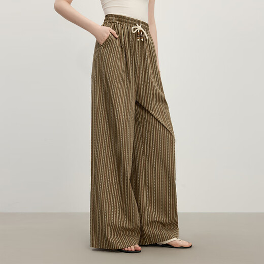 Fan Silanen [Même style que Xu Ruohan] Pantalon à jambes larges de café en vrac paresseux et décontracté 2025 Pantalon décontracté d'été pour les femmes à rayures Café M