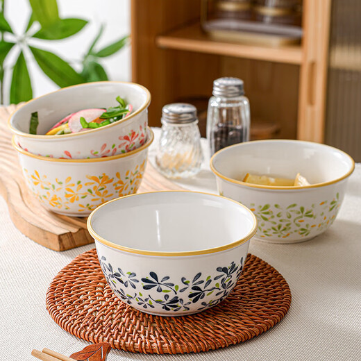 Four seasons prosperous bamboo hat bowl household ceramic eating underglaze color rice bowl set prosperous 4.5 inch bowl 1 piece green