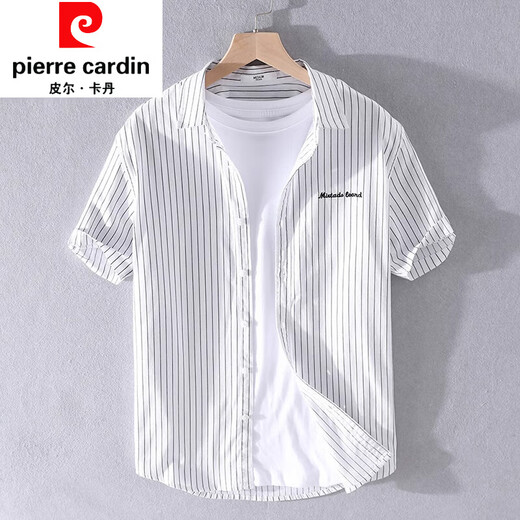 皮尔卡丹（pierre cardin）男士条纹衬衫短袖宽松夏季薄款日系休闲百搭纯棉衬衣夏装衣服针织 9721白色 M 100斤左右