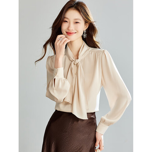 塔驰密司（touchmiss）优雅气质飘带雪纺衬衫女春季新款宽松长袖上衣TM3888GY 奶油杏 M