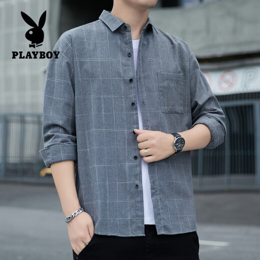 Playboy (PLAYBOY) American plaid shirt jacket for men 2025 spring and autumn style trendy long-sleeved men young loose casual versatile clothes K12108 white M