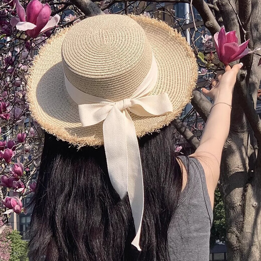 Lai Peisi Flat Top Showed Straw Sombrero Mujeres de verano Vacaciones Beach Beach Sun Protection Gat BoCh Brim Sun Gat Sun Sproh Showed Sweat - Beige [Slecinde de abejas]