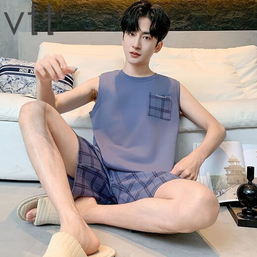 VTT男睡衣夏季无袖纯棉薄款背心短裤家居服宽松套装大码可外穿 V背心短裤：OMM13063 L