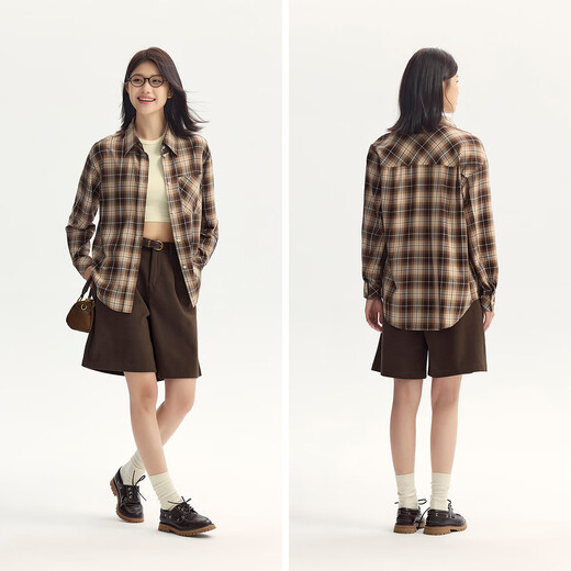 Semir long-sleeved shirt for women mid-length lazy loose off-shoulder autumn chic retro plaid shirt 101524105004