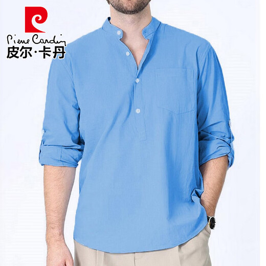 Pierre Cardin Spring and Summer New Henley Shirt Long Sleeve Men's Solid Color Cotton Beach Shirt Casual New Chinese Style Shirt Navy S