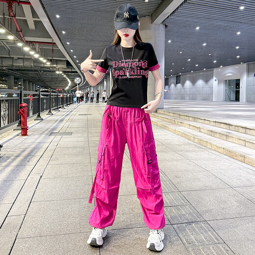 书与茶美式速干工装裤女夏季薄款广场舞运动裤2025新款曳步舞爵士舞裤子 黑色短款上衣8833+绿色长裤6628 3XL