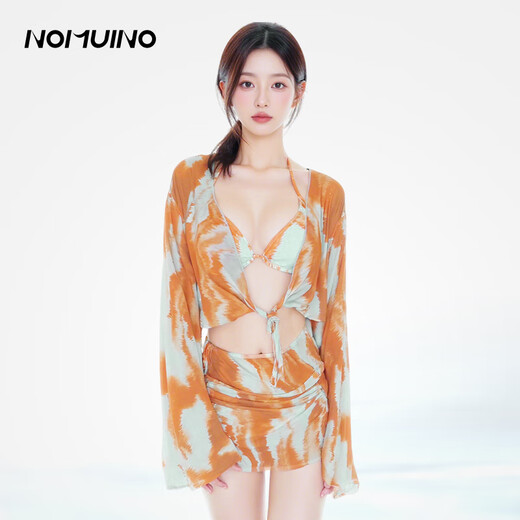 Nomuyi swimsuit women's retro new bikini four-piece long-sleeved sunscreen covering conservative high-end island resort hot spring high-end four-piece set M recommended 95-105 Jin Jin equals 0.5 kg