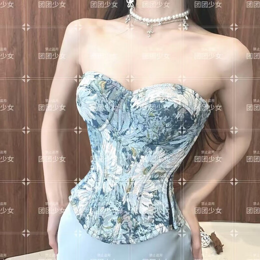 Banfi blue mirror white feather jacquard French real fishbone retro high-end sense tube top blue mirror white feather single top with chest pad (comes with shoulder strap) one size fits all A/B cup (the back strap can be adjusted to 105 Jin Jin is equal to 0.5 kg)