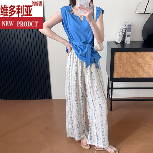 维多利亚的格调法式小资设计感无袖上衣女2025新款套装裤子两件套气质韩版感 蓝色上衣+花色阔腿裤【配腰带】 S