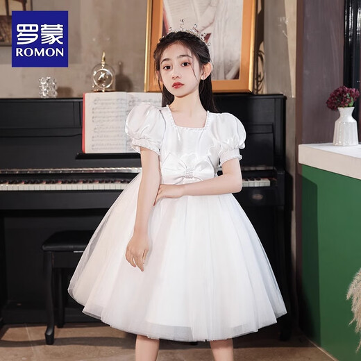 罗蒙毕业演出主持人礼服女童毕业白色公主裙生日花童钢琴 白色120