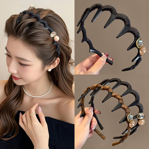 LANSILL high skull wavy hair hoop for women 2025 new anti-slip toothed hair clip for daily wear pressure hair bundle headband headwear F3519 square diamond high skull headband 2-piece set