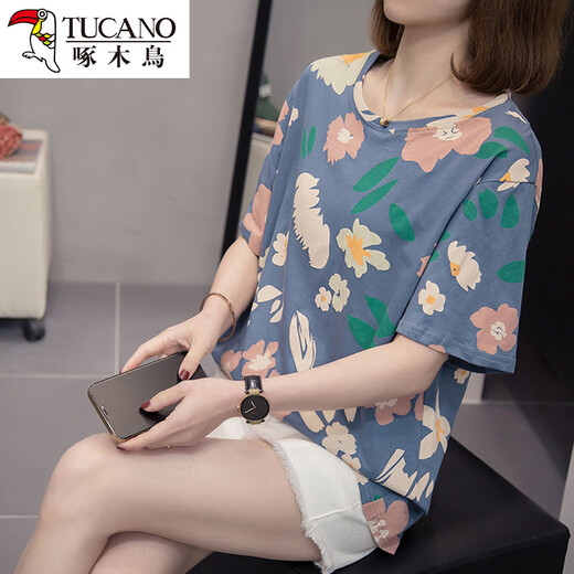 Woodpecker 2025 summer suit plus pure cotton short-sleeved T-shirt for women covering their belly loose and slim casual and versatile top for women 6629 gray 2XL [145-160Jin [Jin equals 0.5 kg] left]
