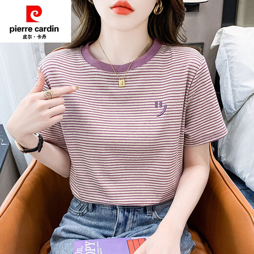 皮尔卡丹（PIERRE CARDIN）条纹短袖t恤女宽松韩版女装2025年夏季新款百搭体恤圆领半袖上衣 红色 9928 S 建议80-95斤