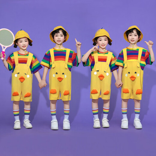 G.DUCKKIDS Little Yellow Duck Children's Clothing Class Uniforms for Primary School Students Summer Thin Overalls Kindergarten Uniforms Children's Day Performance Costumes Rainbow Tube Socks (Not shipped if purchased individually) 100 Recommended 90-100cm 3-4 years old