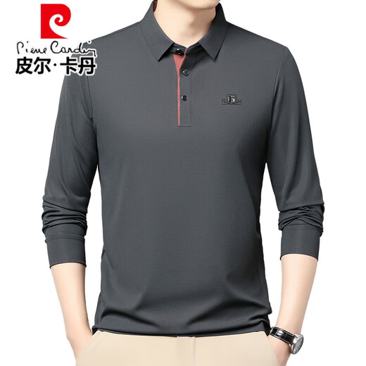 Pierre cardin 100% pure cotton long-sleeved T-shirt men's spring and autumn new lapel polo shirt middle-aged dad casual top base shirt long sleeve 9918 gray XL 175135-150Jin [Jin equals 0.5 kg]