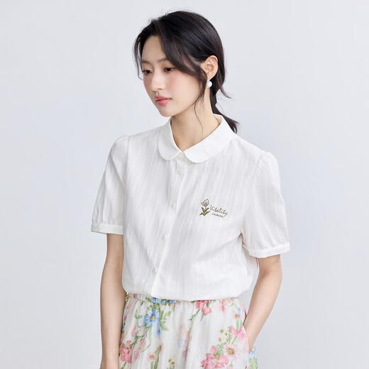 茵曼（INMAN）纯棉文艺绣花短袖白衬衫女2025夏季舒适百搭通勤翻领衬衣上衣 珍珠白 L