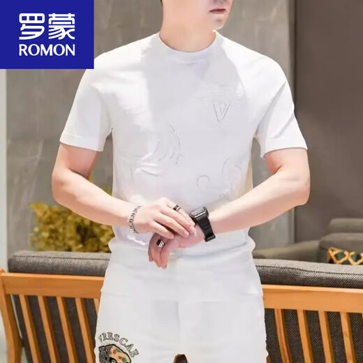罗蒙（ROMON）2025舒适针织冰麻短袖T恤男士新款冰丝时尚半袖体恤休闲品质男装 9902绿色 M 90-115斤