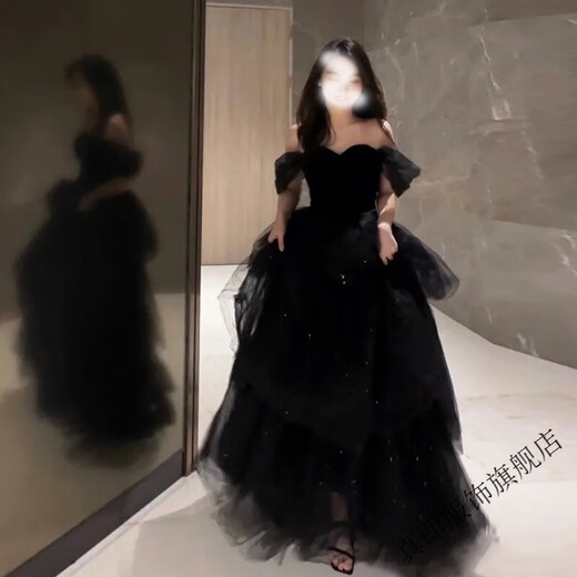 True Black Evening Dress 2025 New Light Luxury Niche High-end One-shoulder Adult Ceremony Graduation Performance Female Black S