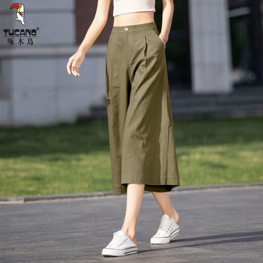Pantalones de algodón y lino de algodón y lino de pájaro carpintero para pantalones de algodón de verano de verano Pantalones de falda informales literarios de la cintura delgada de las mujeres.
