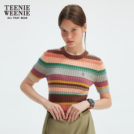 
Teenie Weenie Bear Women's Sweater 2025 Summer New Dopamine Vibrant Striped Round Neck Short Sleeve