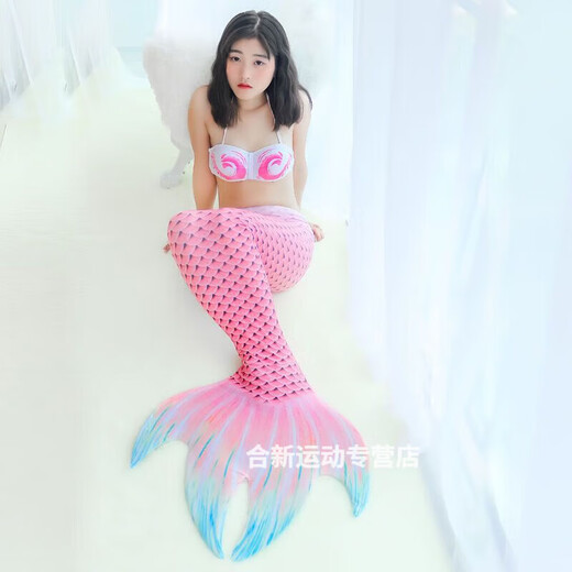 戎美丹尼美人鱼尾巴男女分体比基尼泳衣脚蹼儿童成人亲子度假摄影温泉服装 蓝色单鱼尾 L码建议身高160-165CM