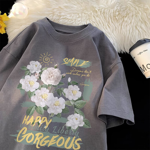 7家优品山茶花印花短袖t恤男生潮牌潮流圆领上衣服夏季宽松重磅半袖体恤 XHWP-B1047黑色 XL