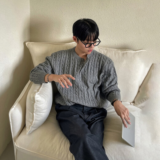 I am David Heavy Industry Knitting Twist Henry Neck Sweater Men's Spring and Autumn New Korean Style Lazy High-Level Loose Pullover Sweater Gray M