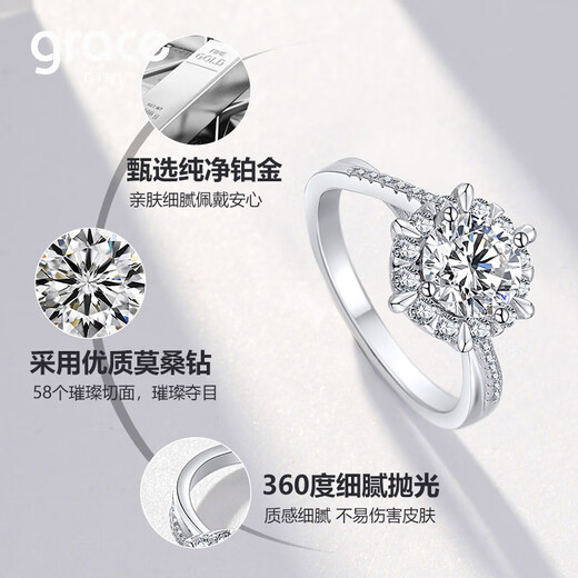 Grace Girl Platinum One Carat Diamond Ring Women's Diamond Ring PT950 Confession Proposal Valentine's Day Gift for Girlfriend's Birthday One Carat Moissanite Diamond Ring + Light Luxury Gift Box