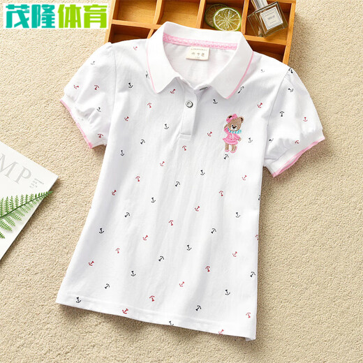 Er Jiagong Girls T-Shirt Kurzärärmelte Mädchen kurzärmelig T-Shirt Sommer 2025 Neue Stil mit mittlerem Stil mittelgroße Mädchenstudentin Cotton Lapel College Style A-7373 White 110 cm