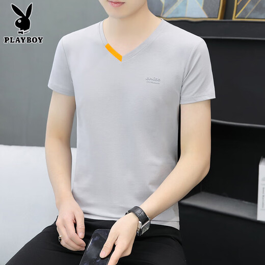 花花公子（PLAYBOY）夏季新款男士纯棉V领半袖T恤潮流休闲小字母印花鸡心领短袖体恤衫 691 白色 M 90-100斤