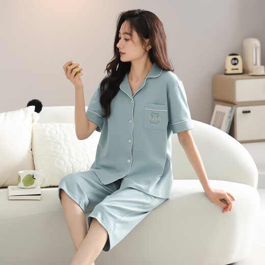 澳颜莱2025新款睡衣女夏季薄款棉短袖七分裤家居服女士夏天可外穿套装 9898# M 【建议80-斤】
