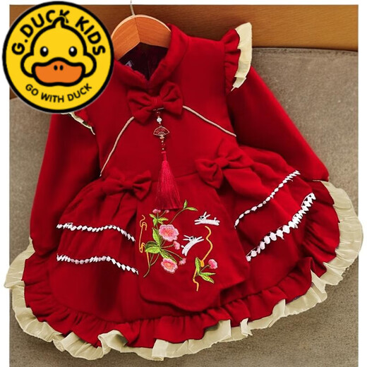G.duck girls' dress, autumn and winter style, children's New Year's red festive Chinese New Year's greeting dress, baby's one-year-old dress Lolita 008 winter style plus velvet, pre-sale for 15 days 100 cm